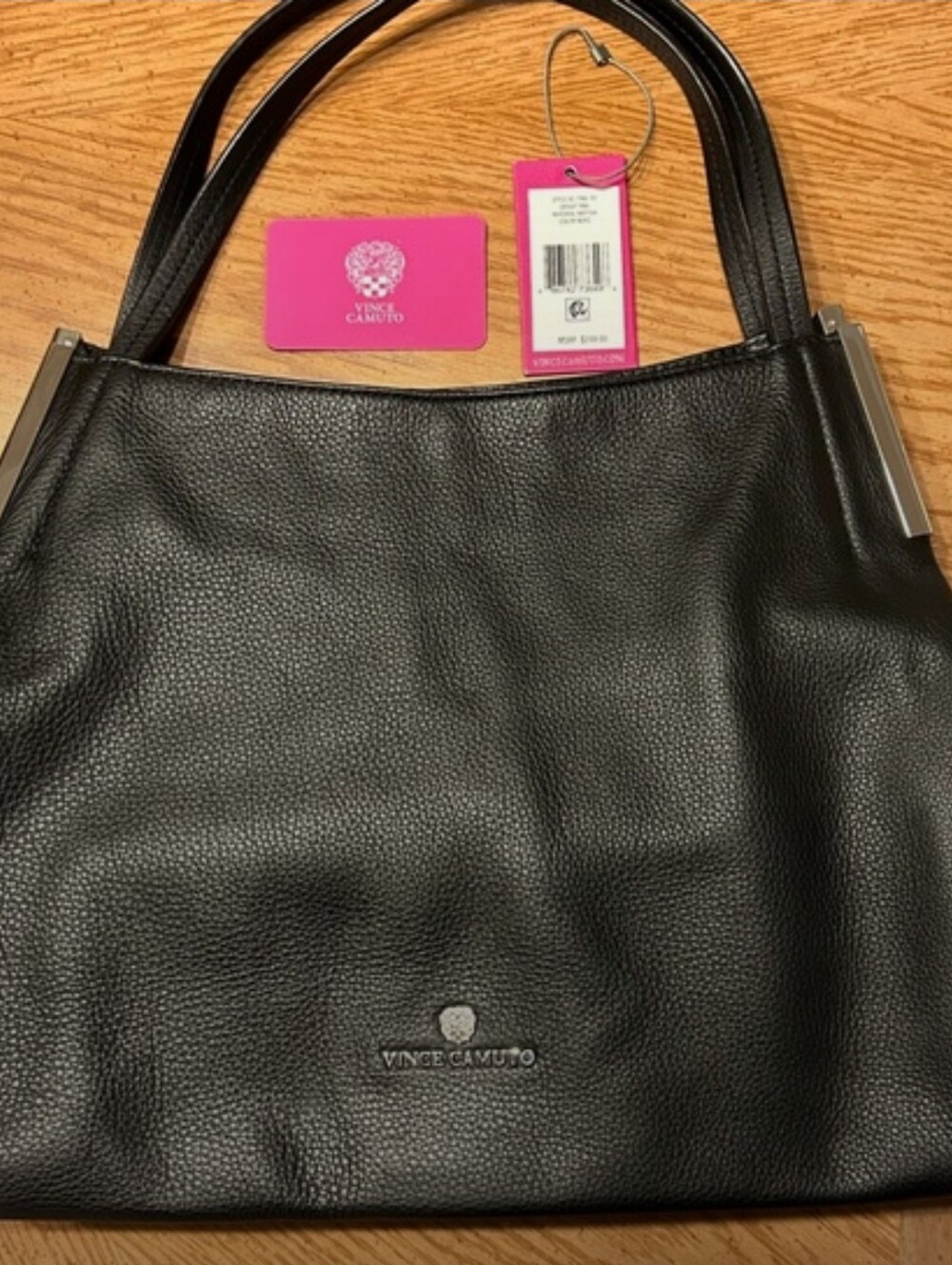 Vince Camuto Black Pebbled Leather Tote with Silver-Tone Accents